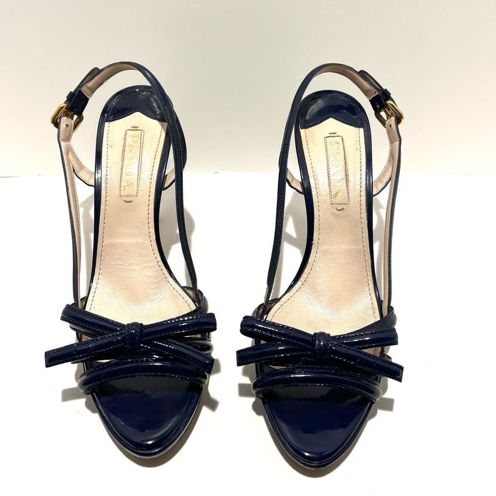 PRADA Navy Blue Patent Leather Open Toe Bow Slingback Pump, Size 40.5